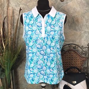 Lillie green 🌹 golf ball tee flowers sleeveless button collared sports shirt